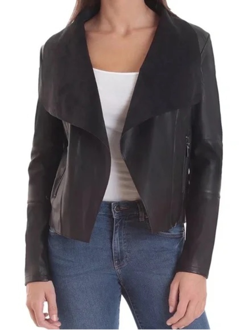 Bagatelle Collection Drape Open-Front Faux Leather Suede Moto Jacket Small NWT